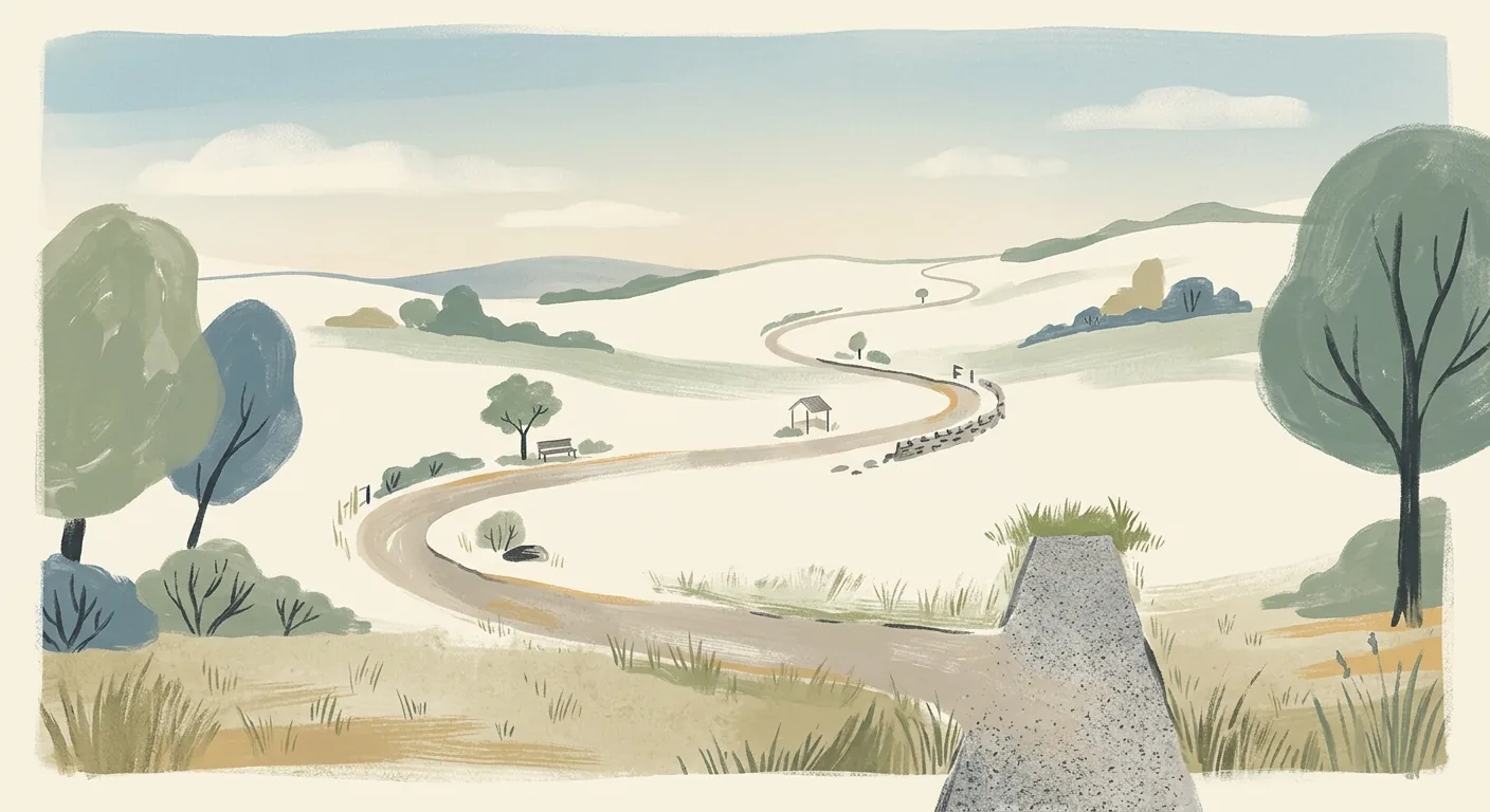 Editorial illustration of two diverging paths in a soft, muted landscape: one short and straight, one winding with small stopping points along the way, in calm cream and sage tones.