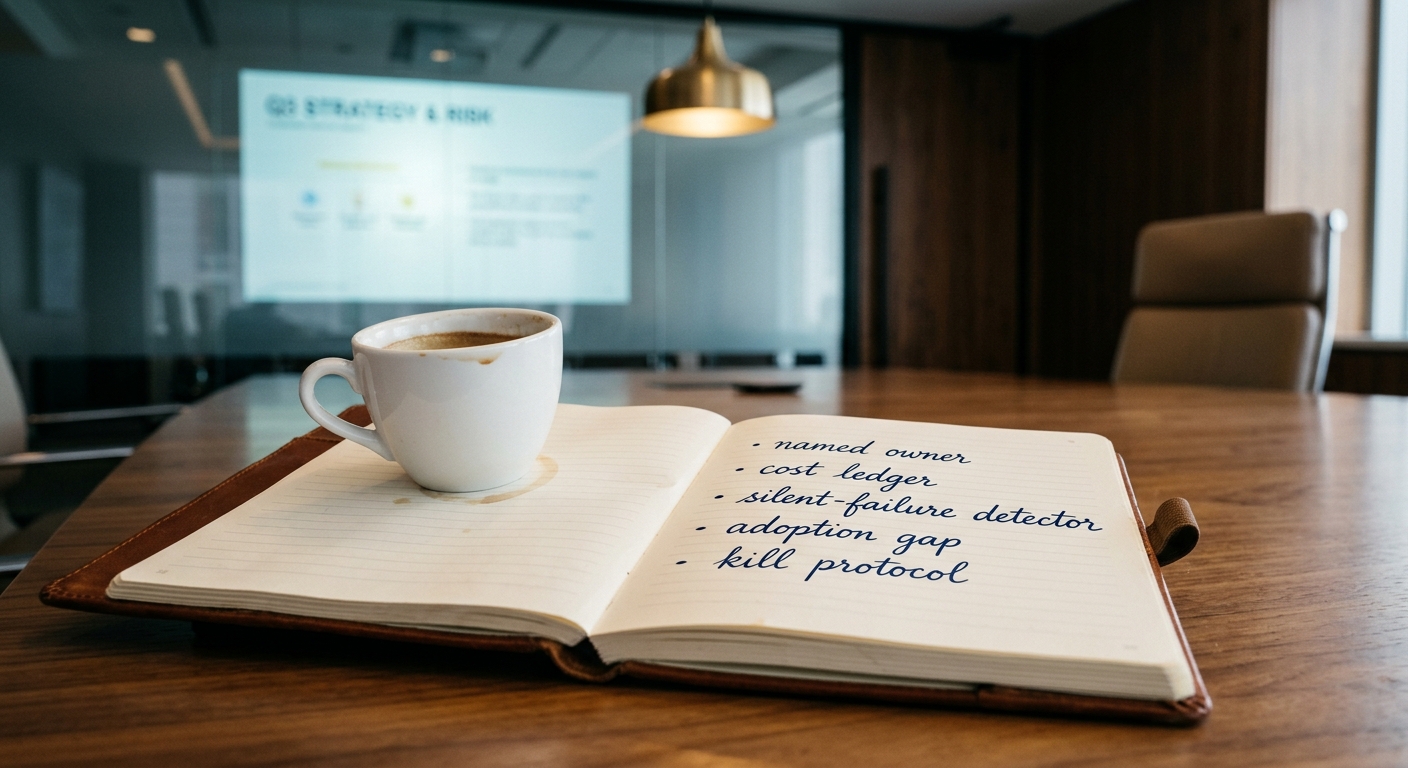 A CFO notebook page open on a desk with five short hand-written bullet points beside a coffee cup, with a softly blurred Series B board-meeting room in the background.