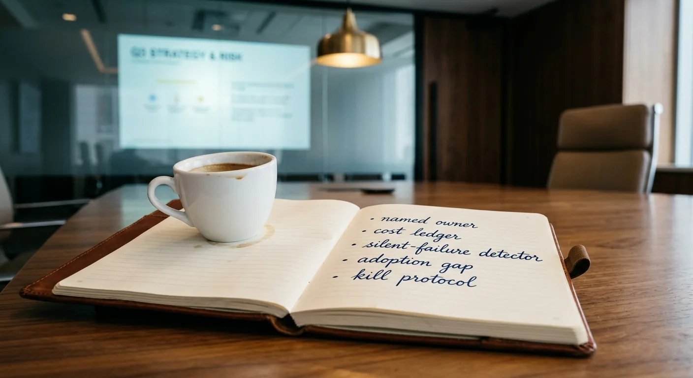 A CFO notebook page open on a desk with five short hand-written bullet points beside a coffee cup, with a softly blurred Series B board-meeting room in the background.