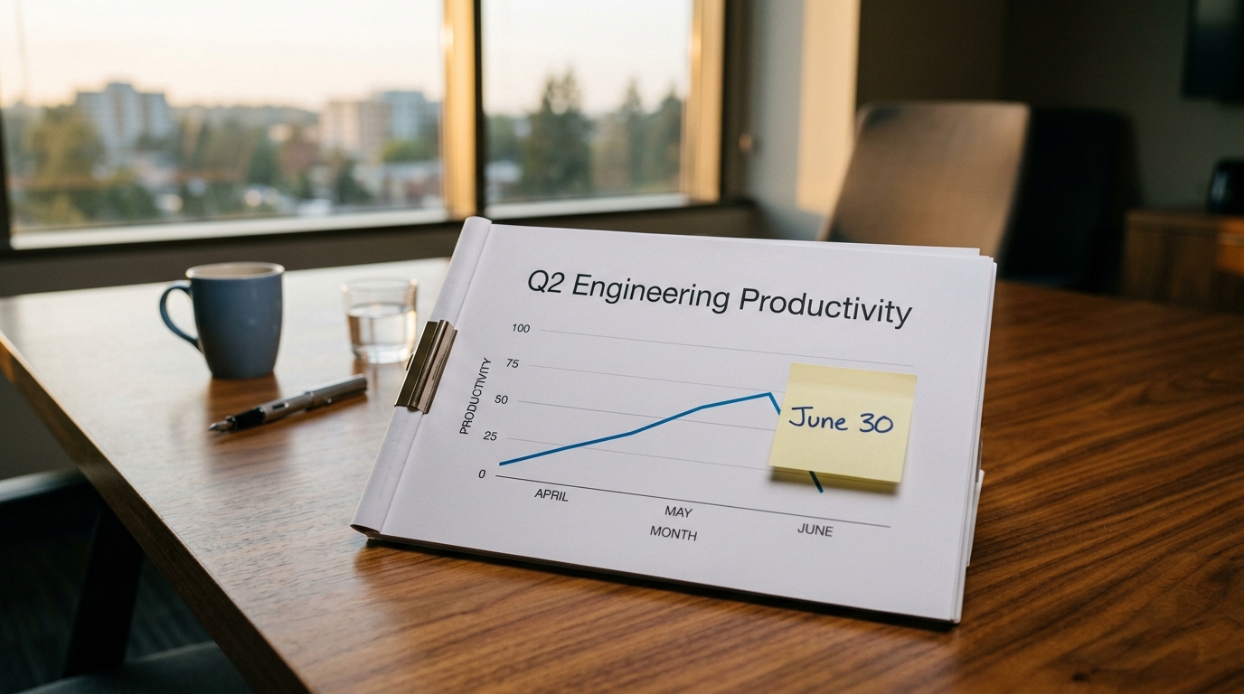 A board-meeting slide deck on a wooden conference table, top slide reading 'Q2 Engineering Productivity' with a line chart that abruptly cuts off where a sticky note labeled 'June 30' has been pressed over part of the curve, soft late-afternoon light from a window in the background.