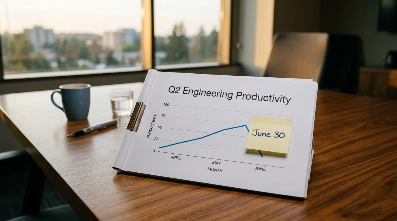 A board-meeting slide deck on a wooden conference table, top slide reading 'Q2 Engineering Productivity' with a line chart that abruptly cuts off where a sticky note labeled 'June 30' has been pressed over part of the curve, soft late-afternoon light from a window in the background.