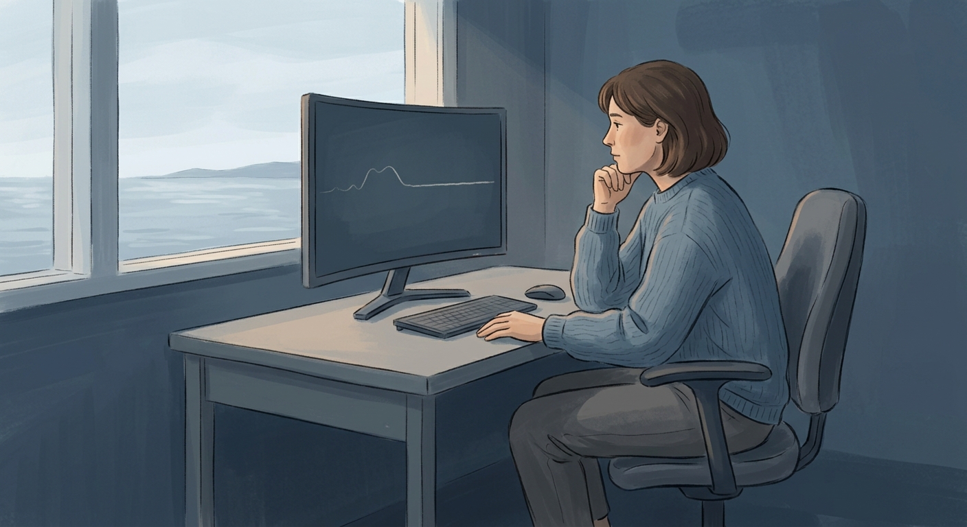 Quiet editorial illustration of a person sitting at a workstation watching a still screen with a single slow-moving signal in the periphery, in a calm, low-arousal posture, muted blue and warm gray palette.