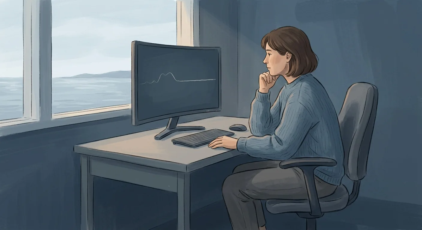 Quiet editorial illustration of a person sitting at a workstation watching a still screen with a single slow-moving signal in the periphery, in a calm, low-arousal posture, muted blue and warm gray palette.