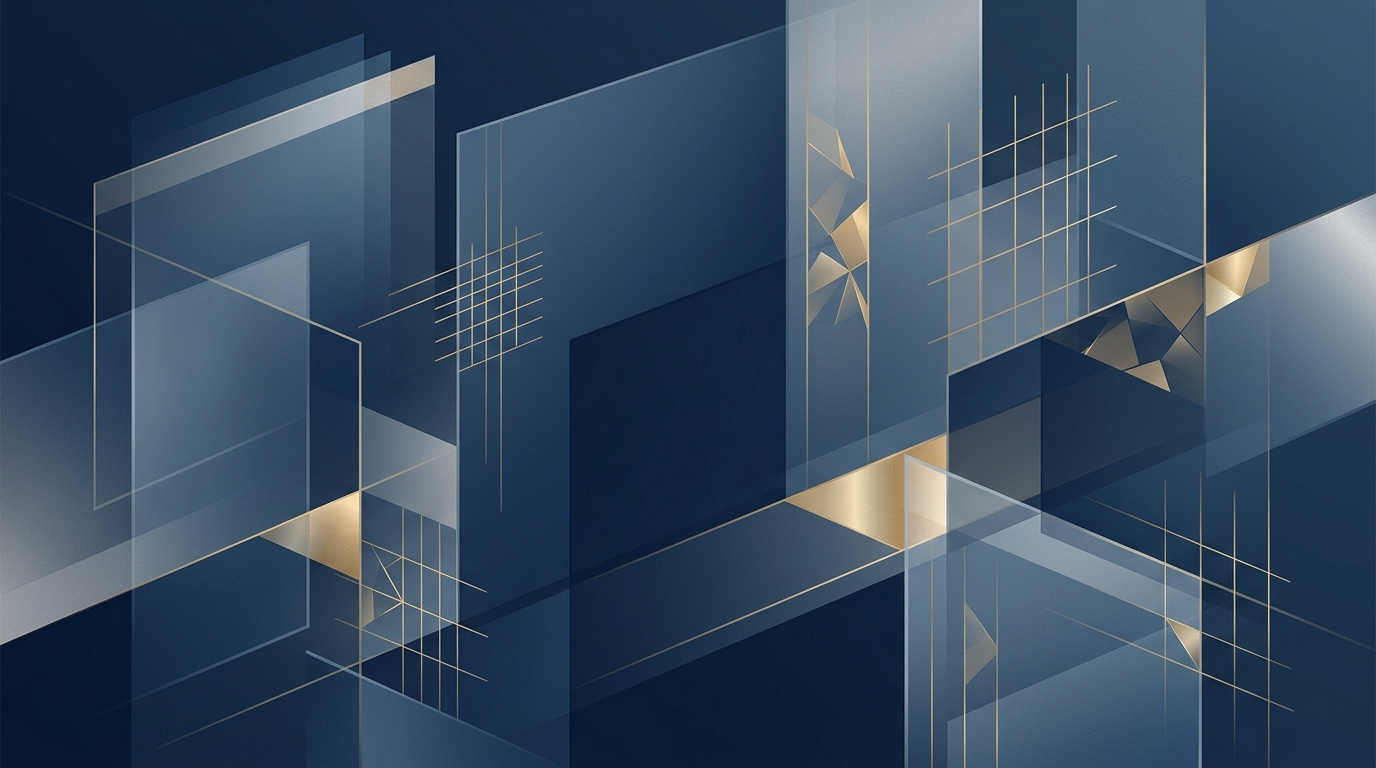 Abstract editorial composition in navy and steel with subtle gold accents, layered translucent panels suggesting oversight and review.
