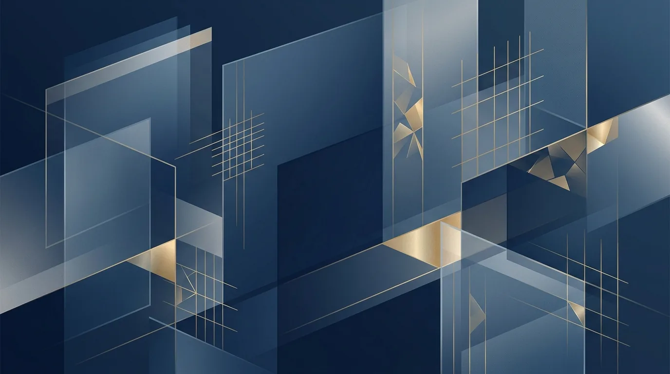 Abstract editorial composition in navy and steel with subtle gold accents, layered translucent panels suggesting oversight and review.