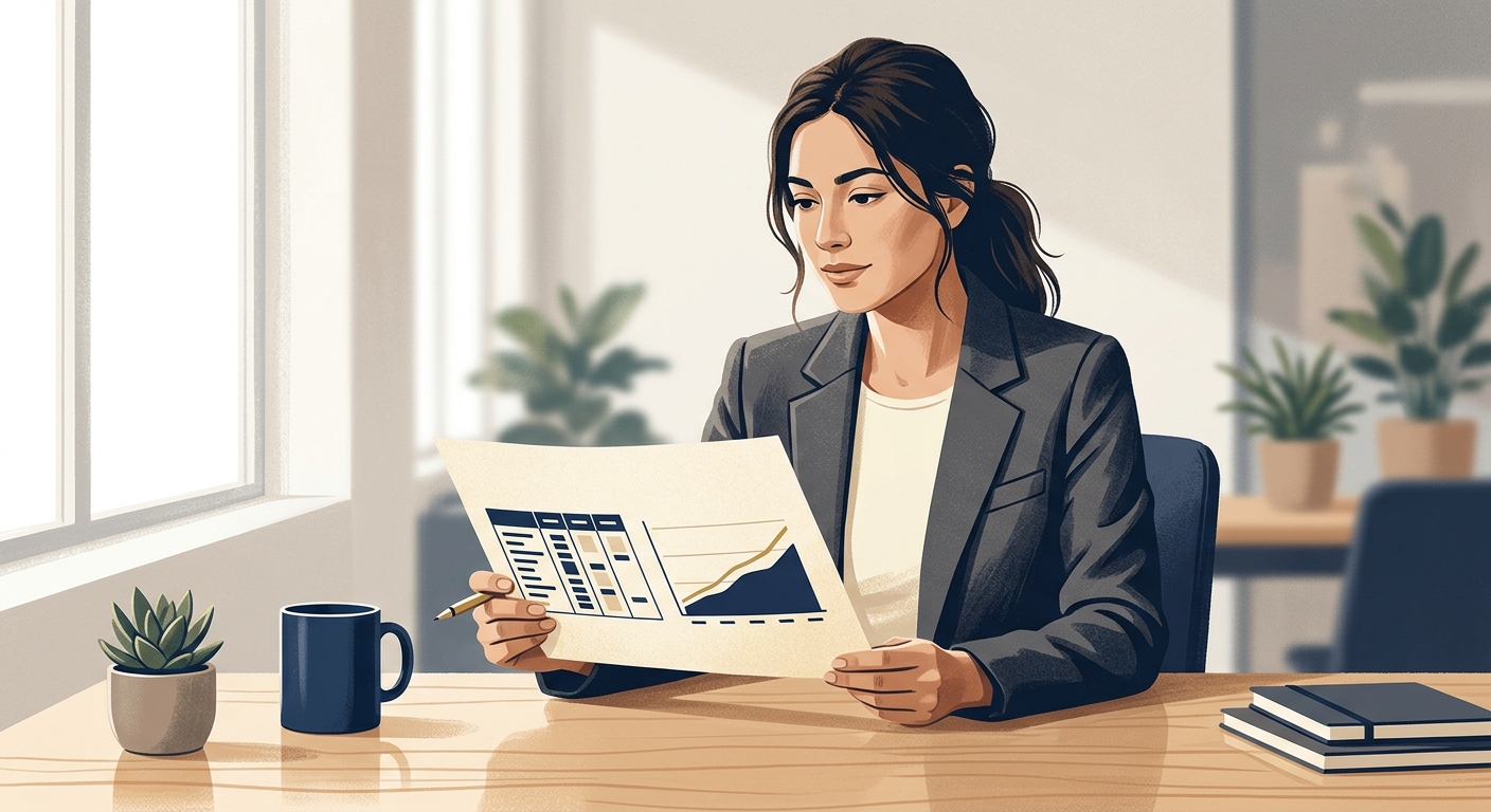 A founder reviewing a single-page gross margin worksheet on a desk, with a token-cost ledger and a customer revenue chart side by side, calm morning light.