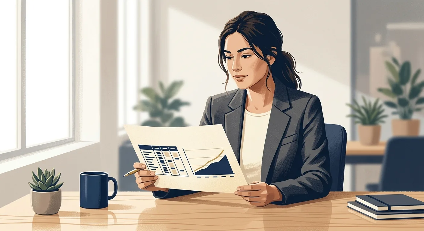 A founder reviewing a single-page gross margin worksheet on a desk, with a token-cost ledger and a customer revenue chart side by side, calm morning light.