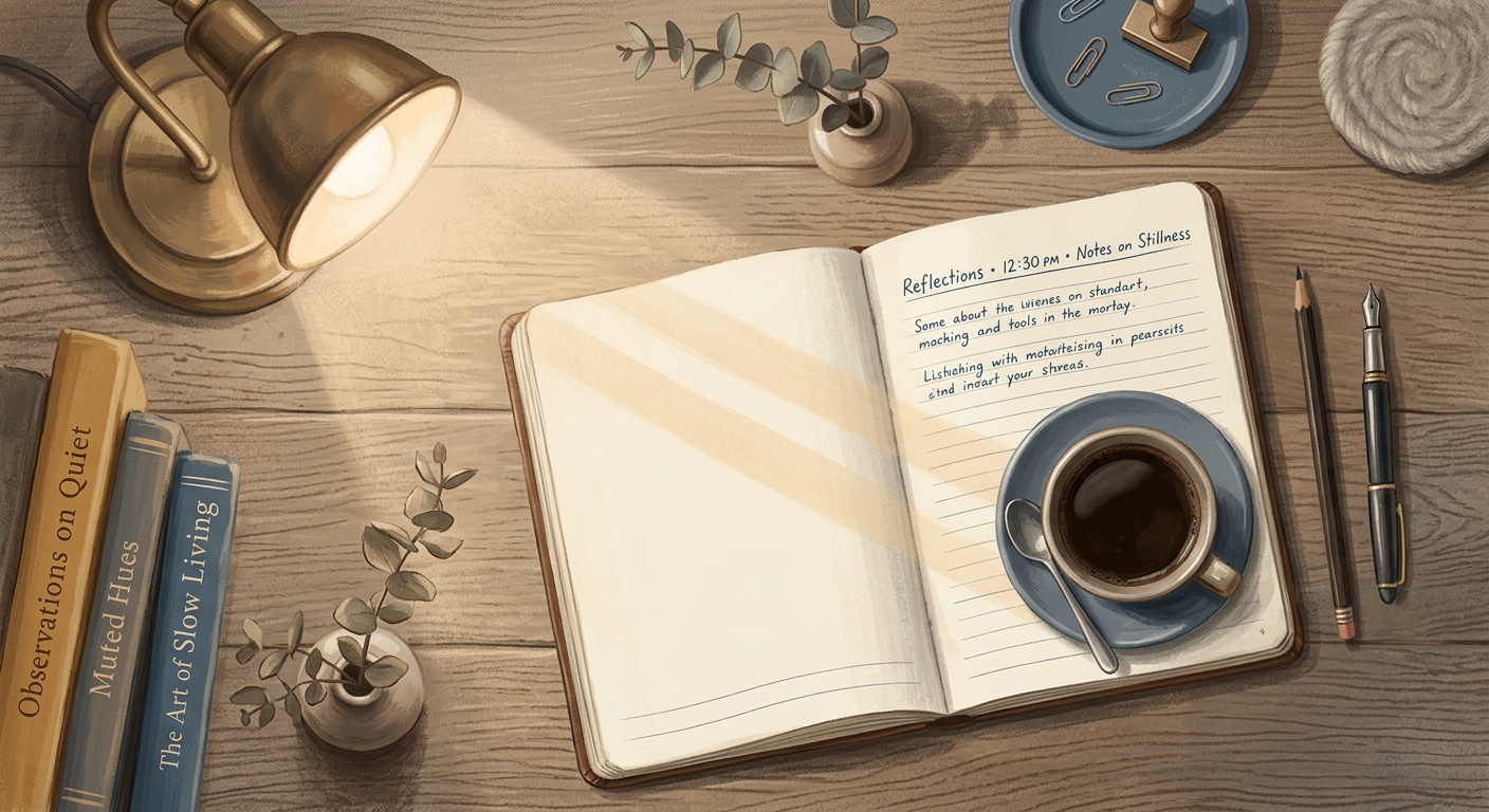 A calm editorial illustration of a desk at midday with two soft, parallel paths of light coming from the same lamp, suggesting two simultaneous moods in a single workday.