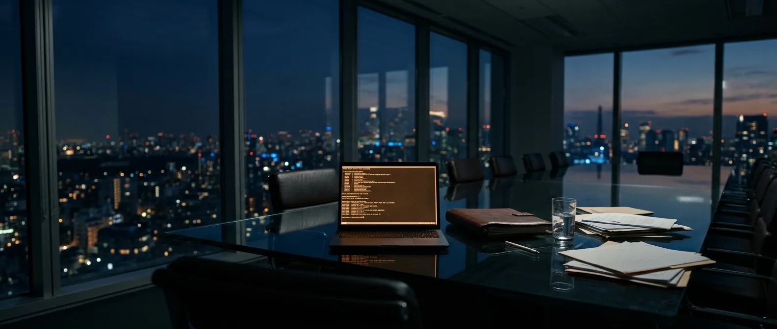 A wide late-evening boardroom shot with a single open laptop on a glass conference table, terminal output glowing amber on the screen, faint blue light from city windows behind, papers and a closed binder beside the laptop suggesting a half-finished briefing.