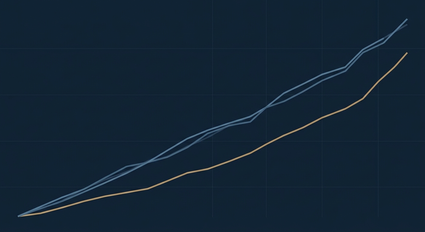 Two parallel ascending lines tracking close together representing converging AI quant strategies, drawn against a steeper third line representing discretionary equity returns, rendered in muted blues and gold on a dark institutional palette.