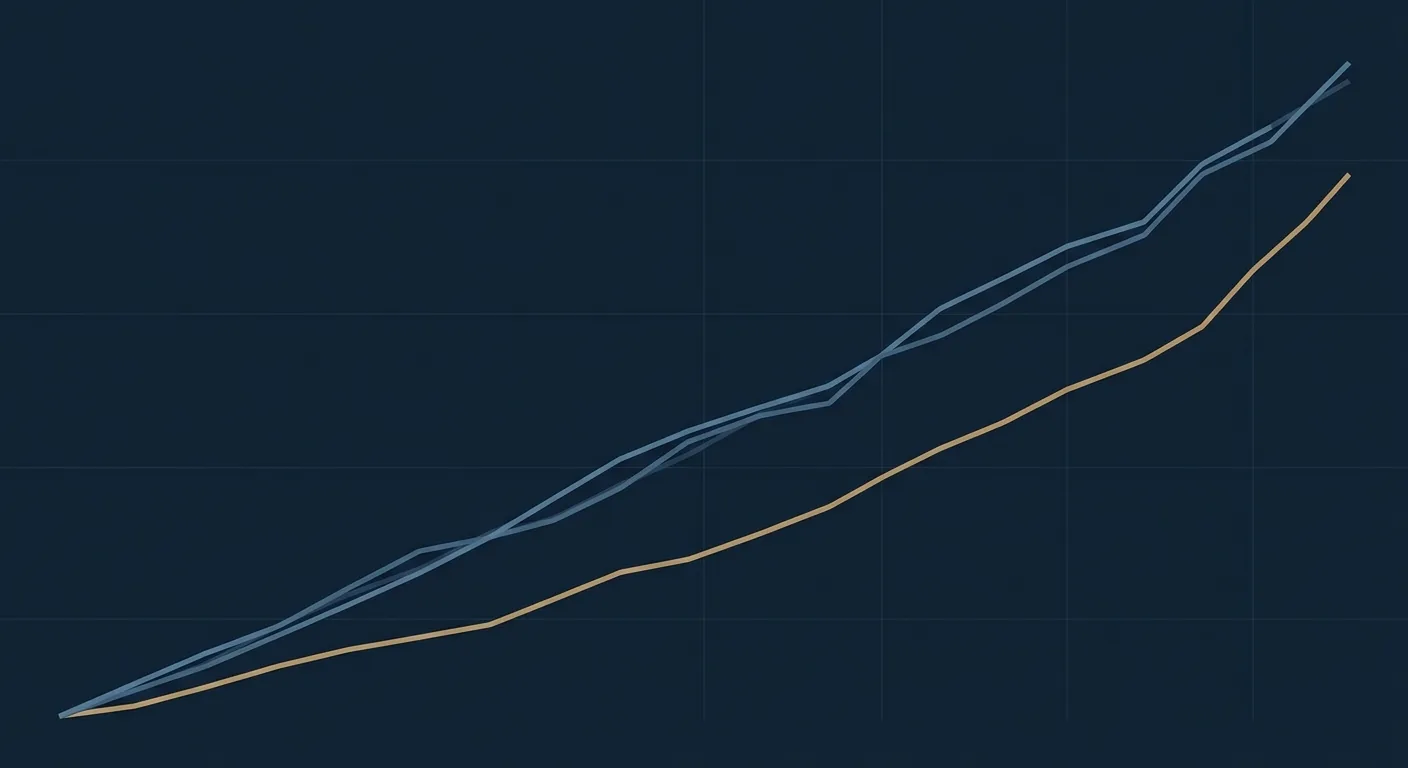 Two parallel ascending lines tracking close together representing converging AI quant strategies, drawn against a steeper third line representing discretionary equity returns, rendered in muted blues and gold on a dark institutional palette.