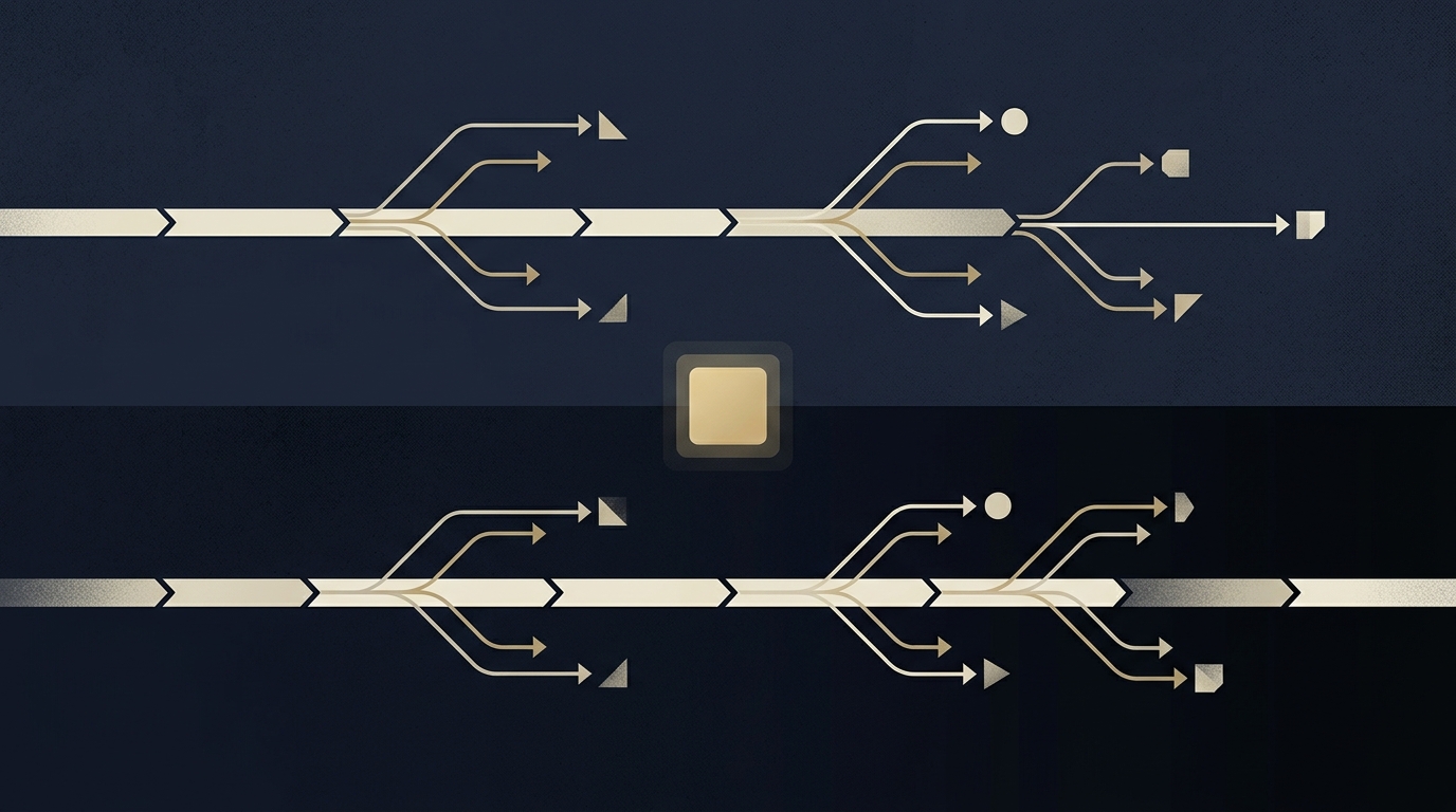Two horizontal flow lanes stacked on top of each other, each containing a small set of routing arrows fanning out into different destinations, with a single soft gold square pulsing at the junction between the two lanes to suggest a hidden decision point.