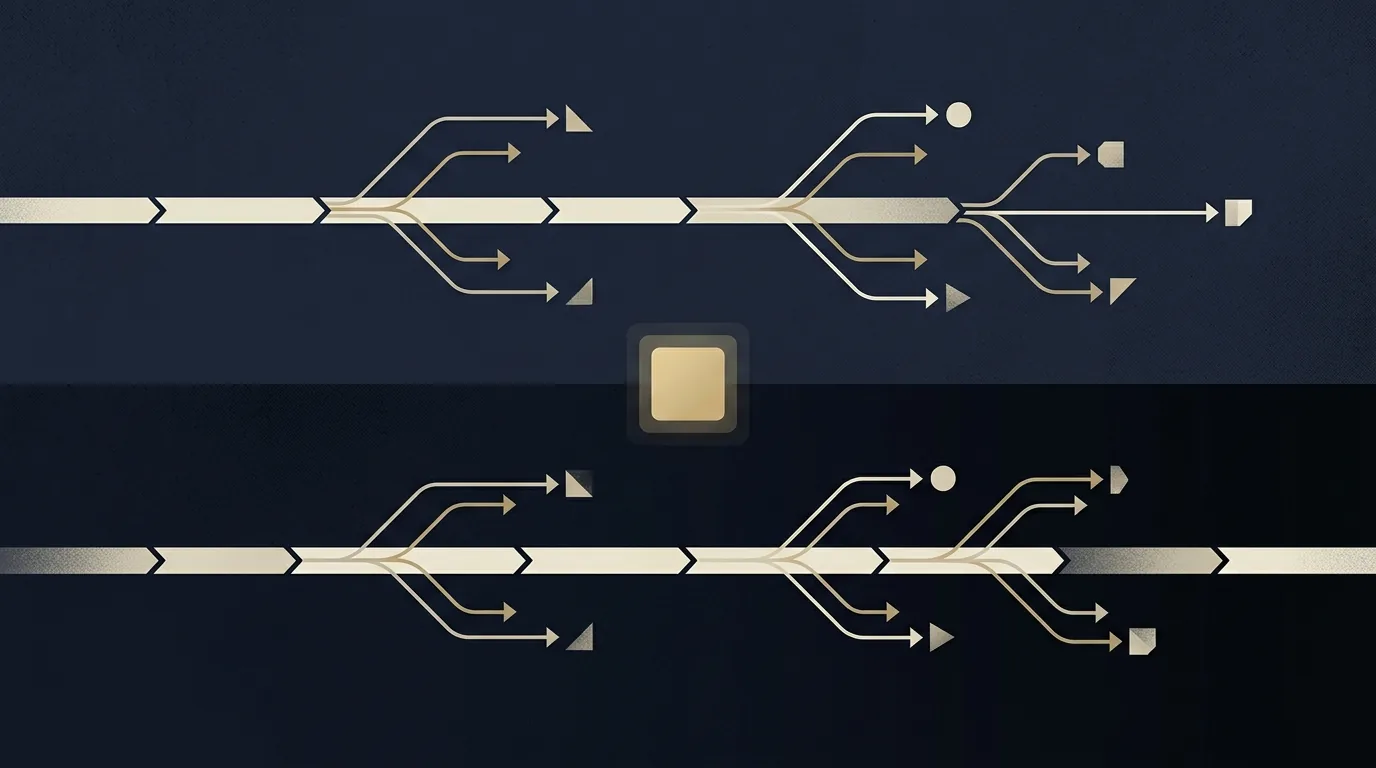 Two horizontal flow lanes stacked on top of each other, each containing a small set of routing arrows fanning out into different destinations, with a single soft gold square pulsing at the junction between the two lanes to suggest a hidden decision point.