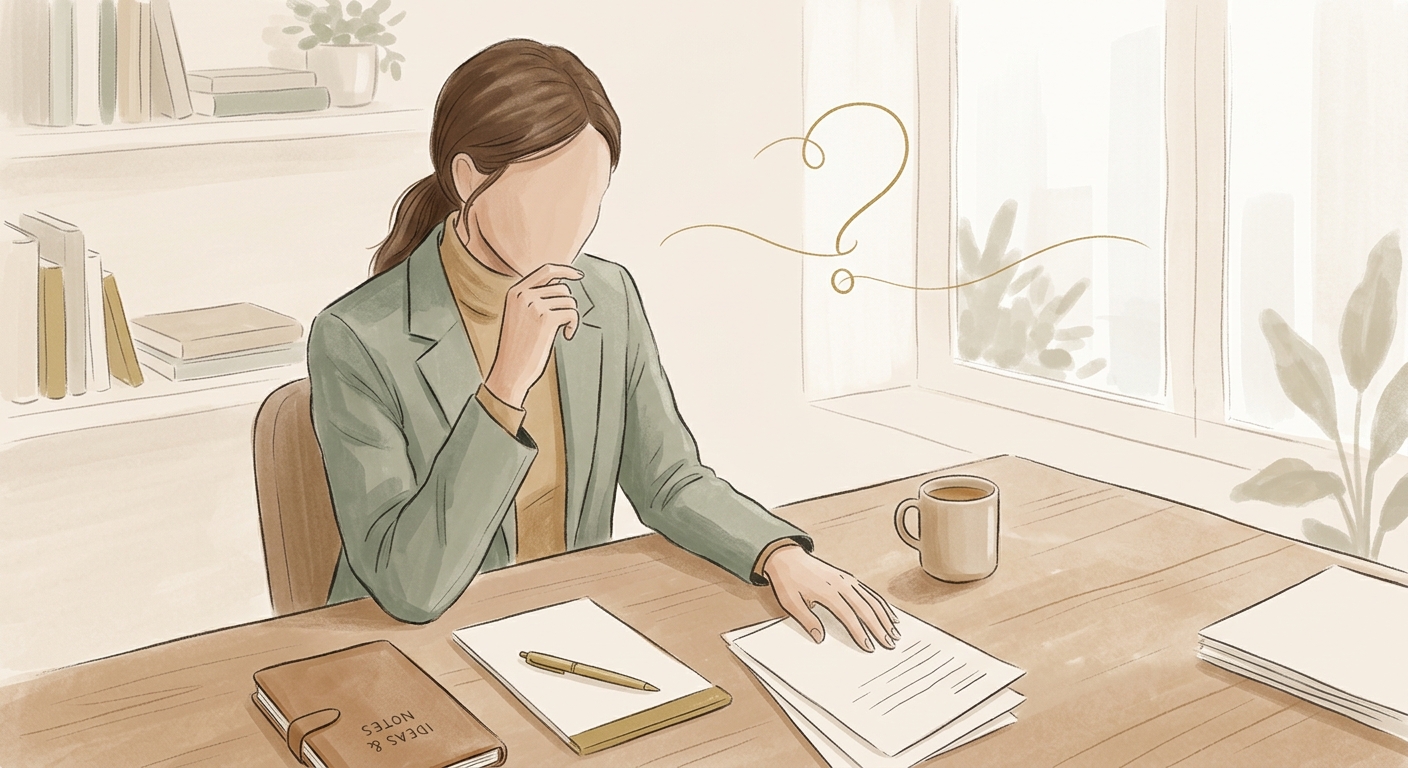 Quiet illustration of a paused thought, with a thin loop of curiosity unfolding between a person and their workday before any answer arrives.