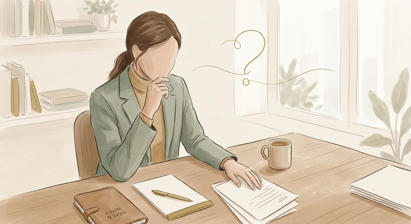 Quiet illustration of a paused thought, with a thin loop of curiosity unfolding between a person and their workday before any answer arrives.