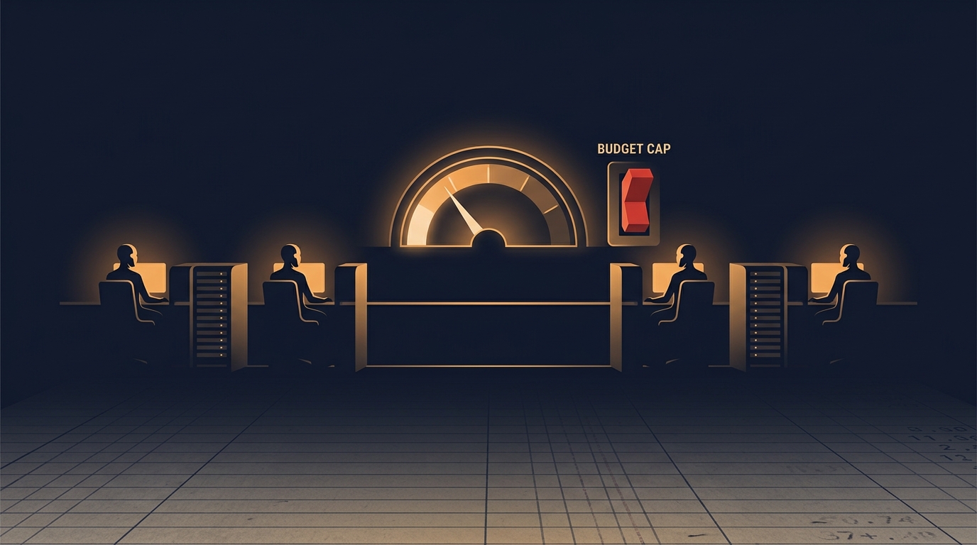 Stylized control room dashboard showing a flickering token meter, a kill switch, and a row of AI agent silhouettes lined up at workstations, evoking the rationed environment a Series C operations team needs to govern production agent spend.
