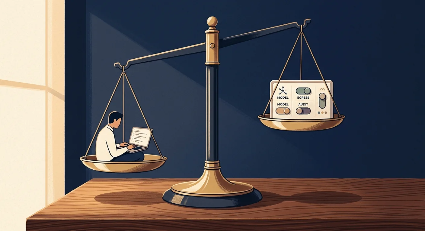 Editorial illustration of a balance scale weighing a developer at a laptop against an admin control panel with policy toggles, scale tilted toward the admin side, calm blue and warm gold palette.