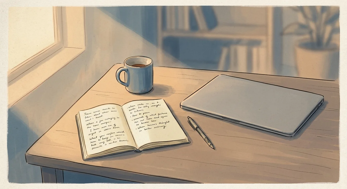 A quiet desk at the end of a workday with an open notebook beside a closed laptop, late afternoon light slanting across handwritten notes that blur at the edges, evoking the soft fog of trying to remember whose thought was whose.