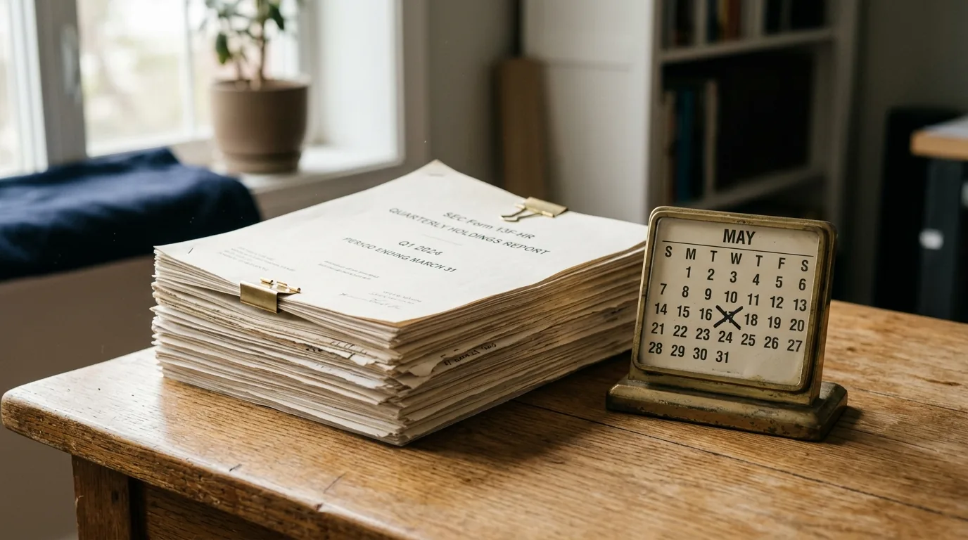 A stack of paper financial filings on a wooden desk beside a brass desk calendar with one date crossed out, lit by soft side window light, suggesting the passage of time between when a fund's positions are taken and when they become public.