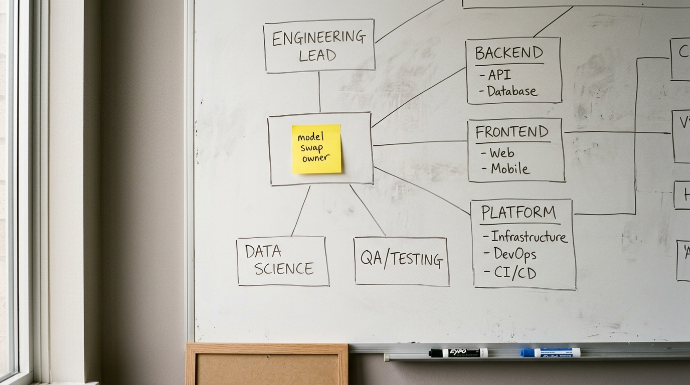 A whiteboard sketch of an engineering team org chart with a small yellow sticky note labeled 'model swap owner' placed on an empty box, photographed in soft natural light.