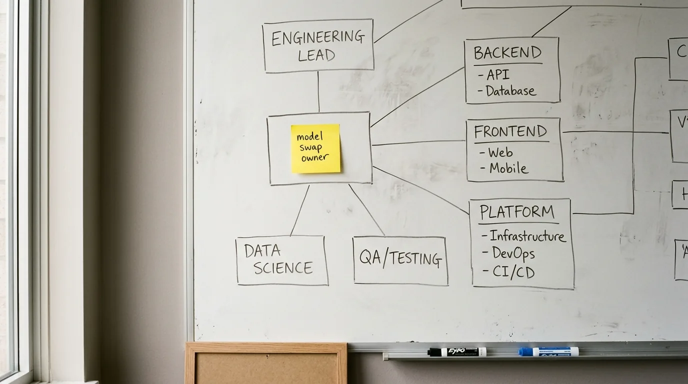 A whiteboard sketch of an engineering team org chart with a small yellow sticky note labeled 'model swap owner' placed on an empty box, photographed in soft natural light.