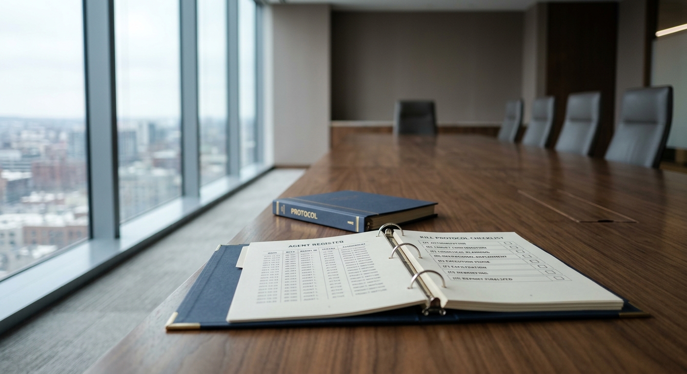 A single open binder on a long boardroom table by a window, printed pages showing a tidy agent register list, soft natural light, no people in the room.