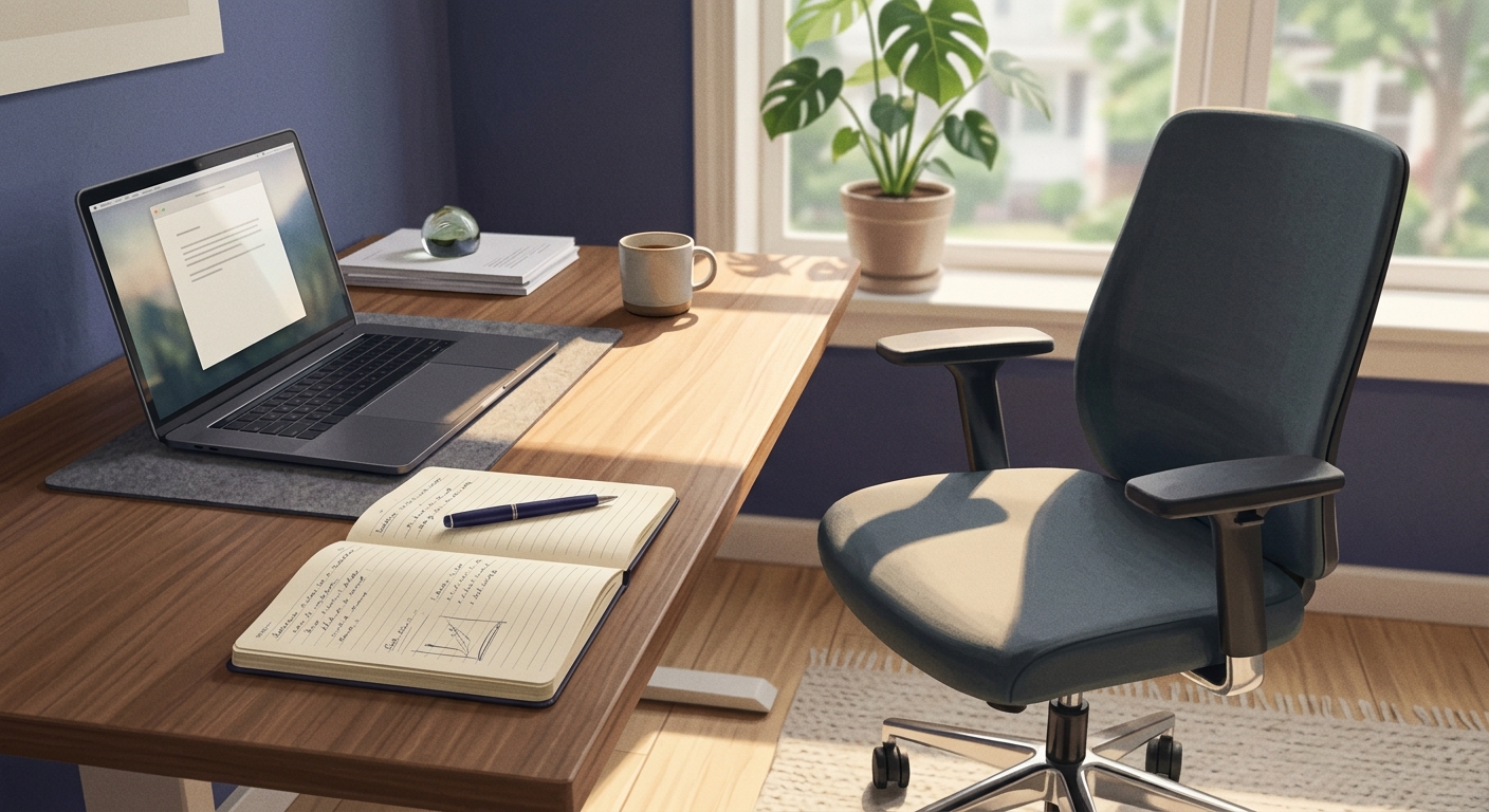 An open notebook on a desk next to a laptop, with late-morning sunlight cutting across both surfaces.
