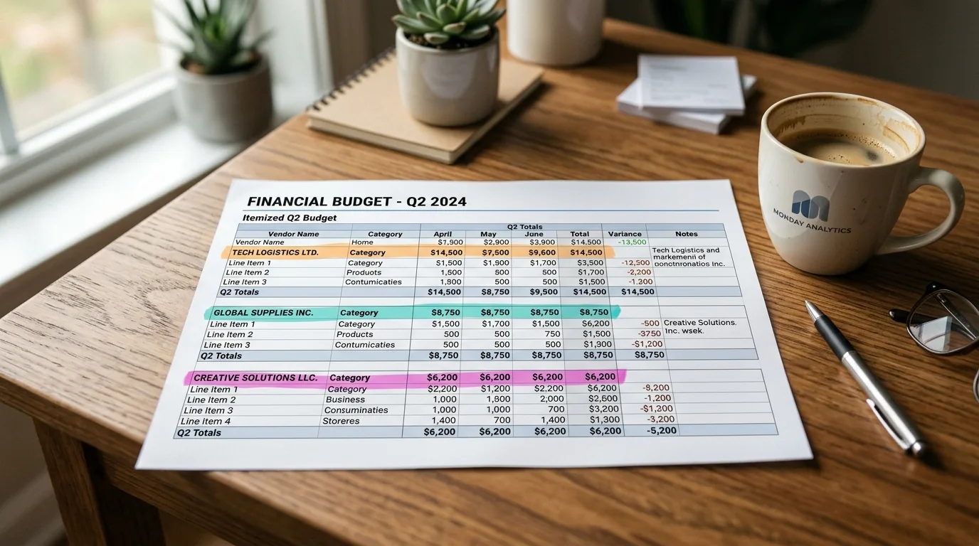 A printed Q2 budget spreadsheet on a desk with three colored highlighter marks across three separate vendor rows, suggesting changes that all landed inside the same week.