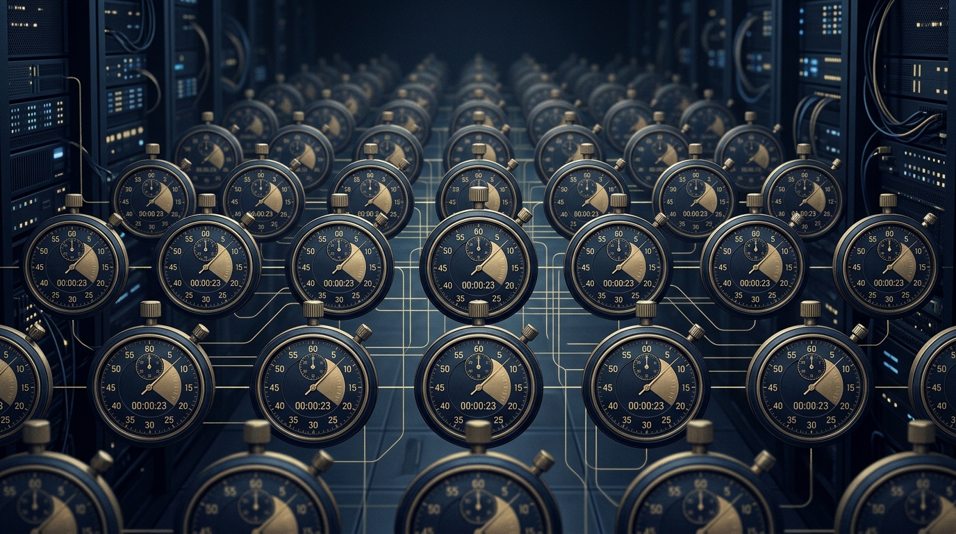 Stylized close-up of synchronized clock dials inside a glass server cabinet, suggesting many automated readers reacting to the same news in the same second.