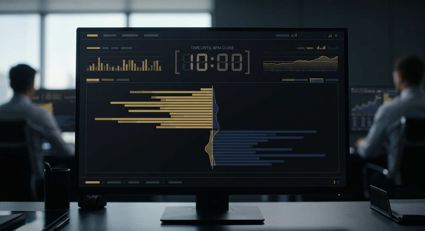 A stylized trading terminal showing a closing-auction order-imbalance feed with buy and sell bars, counting down the final ten minutes before a 4pm market close.