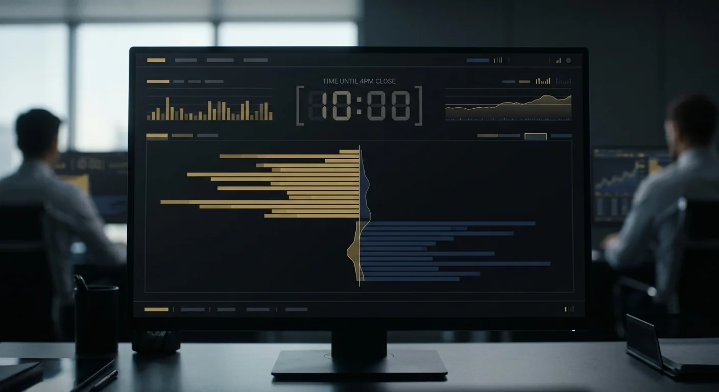 A stylized trading terminal showing a closing-auction order-imbalance feed with buy and sell bars, counting down the final ten minutes before a 4pm market close.