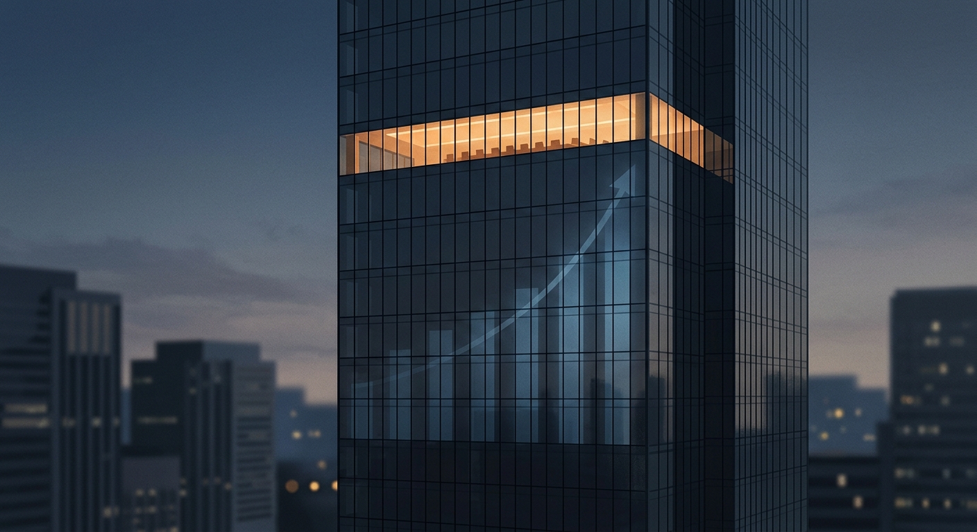 A single illuminated boardroom floor inside a dark glass office tower at dusk, with a faint upward bar chart rendered across the building facade.