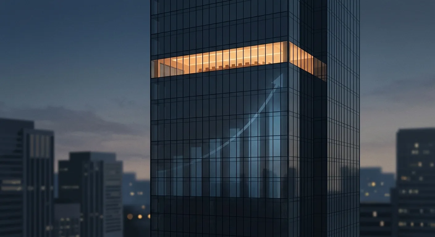 A single illuminated boardroom floor inside a dark glass office tower at dusk, with a faint upward bar chart rendered across the building facade.