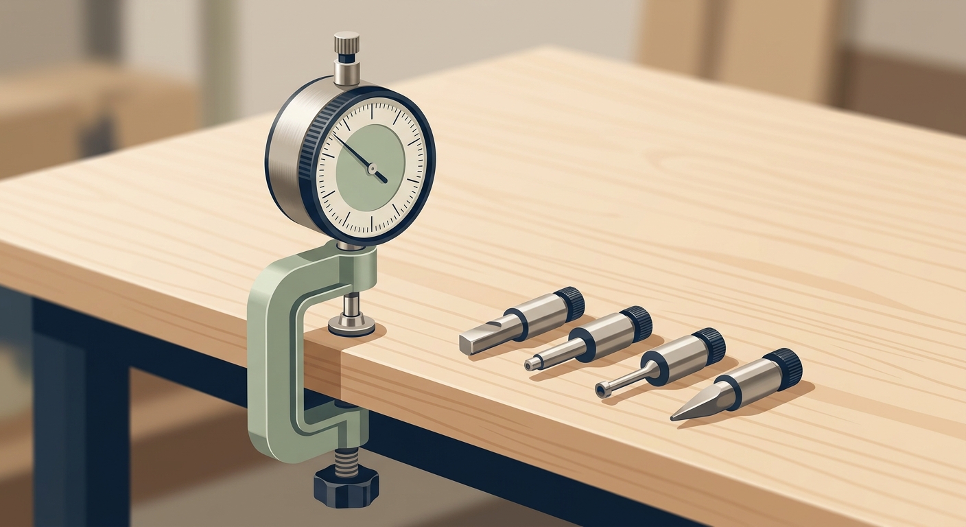 A precision measuring gauge clamped to an engineer's workbench with several interchangeable tool heads laid out beside it, illustrating one fixed evaluation rubric tested against changing coding-agent harnesses.