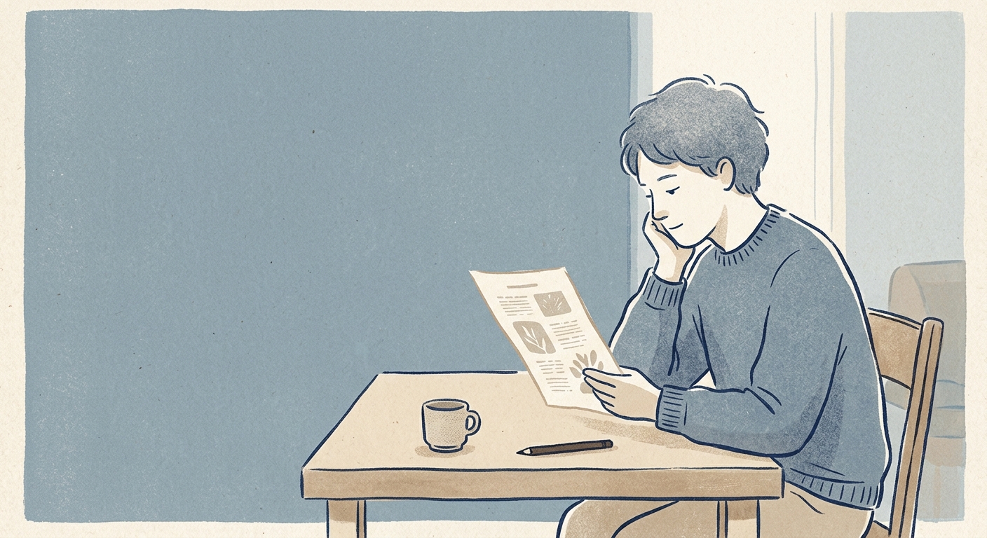 A person seated at a simple desk holds a single printed page and studies it with quiet, unhurried attention, rendered in a calm muted illustration style.