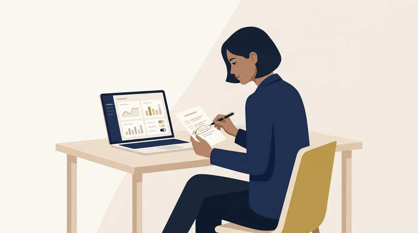 A founder at a desk reviewing a short printed checklist beside a laptop showing an AI agent vendor dashboard, with a single workflow circled in pen.