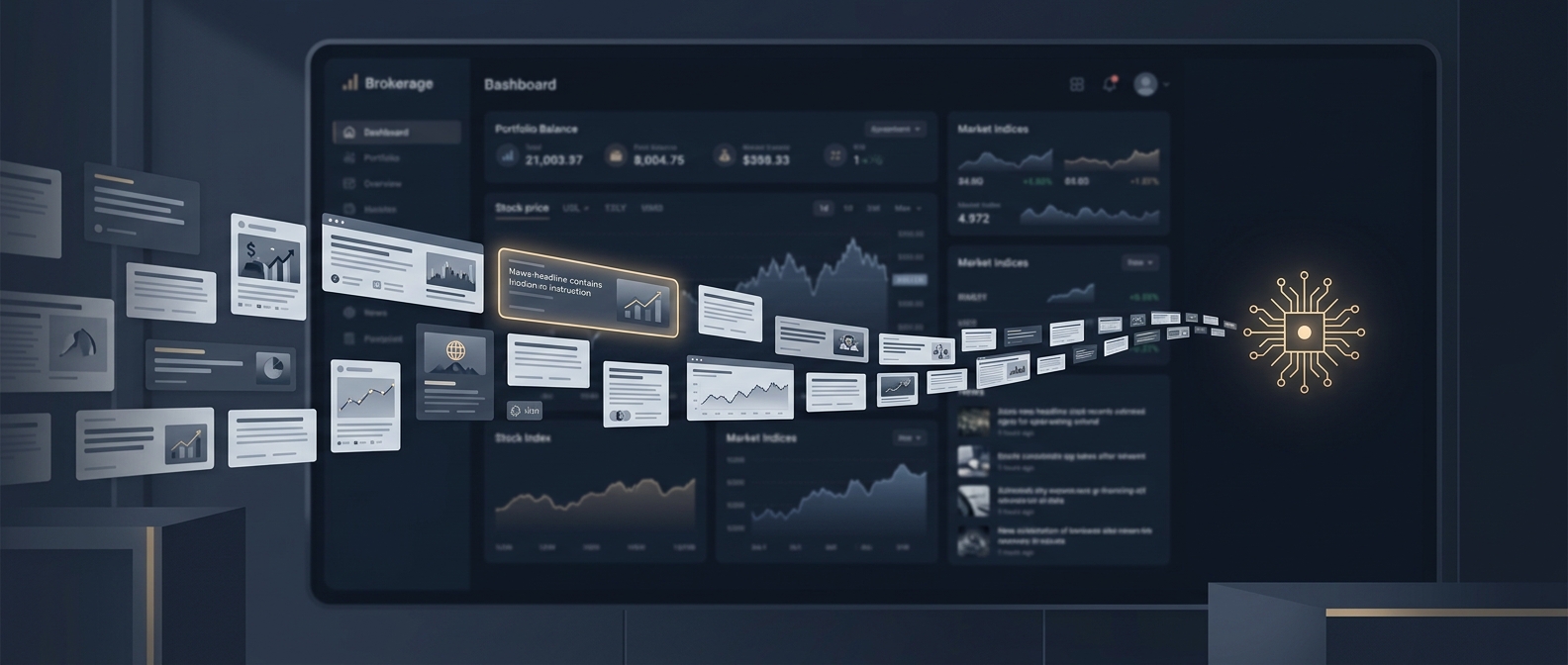 A brokerage trading dashboard on a laptop with a stream of news headlines and web pages flowing toward a small AI agent icon, one headline highlighted to suggest a hidden instruction buried in the text.