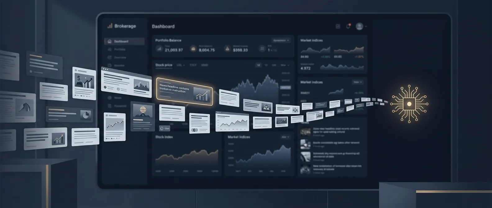 A brokerage trading dashboard on a laptop with a stream of news headlines and web pages flowing toward a small AI agent icon, one headline highlighted to suggest a hidden instruction buried in the text.