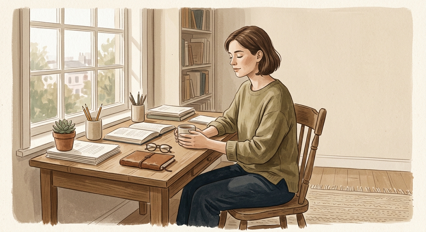 A person pausing quietly at a desk between tasks, sitting still in soft daylight from a nearby window.