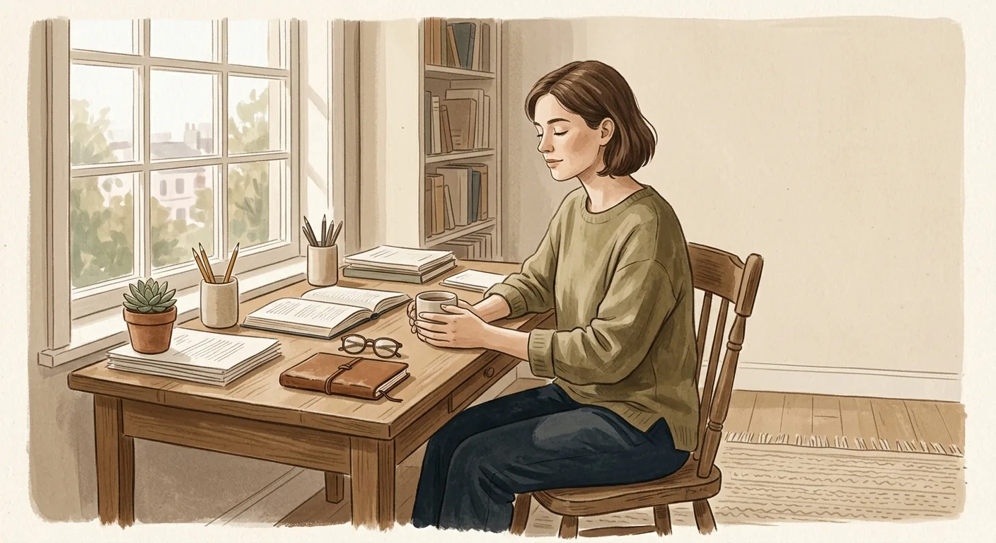A person pausing quietly at a desk between tasks, sitting still in soft daylight from a nearby window.