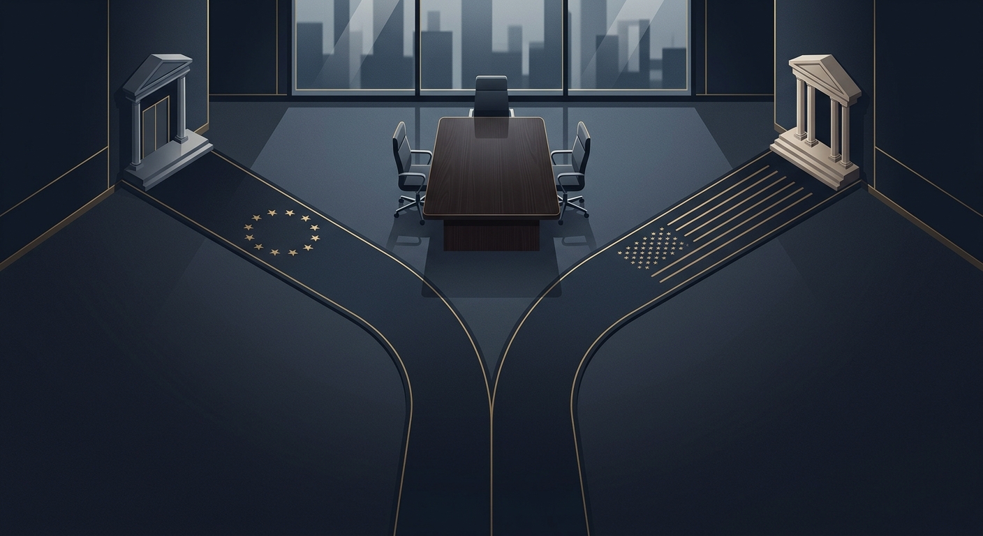 An overhead illustration of a boardroom table with two roads splitting away from it, one marked with EU stars and one with US stars, representing AI rules moving in different directions.