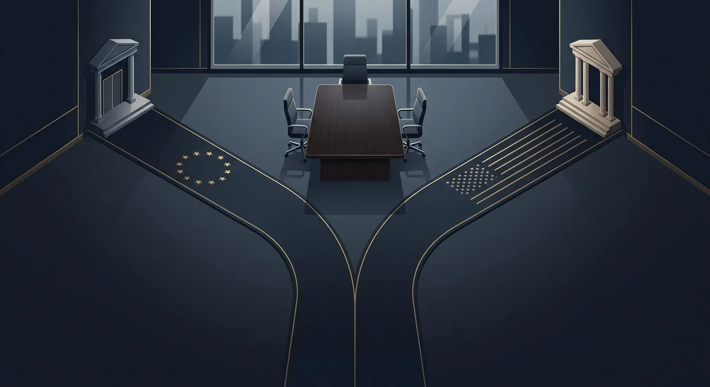 An overhead illustration of a boardroom table with two roads splitting away from it, one marked with EU stars and one with US stars, representing AI rules moving in different directions.