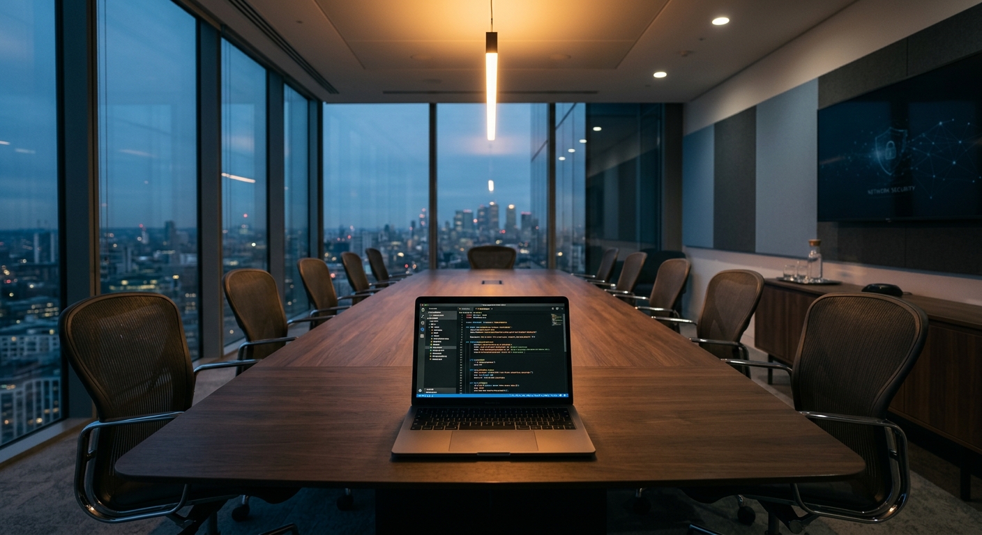 A boardroom conference table at dusk with an open laptop showing a code editor, lit by low amber light, suggesting a board-level discussion about coding-agent security risk.