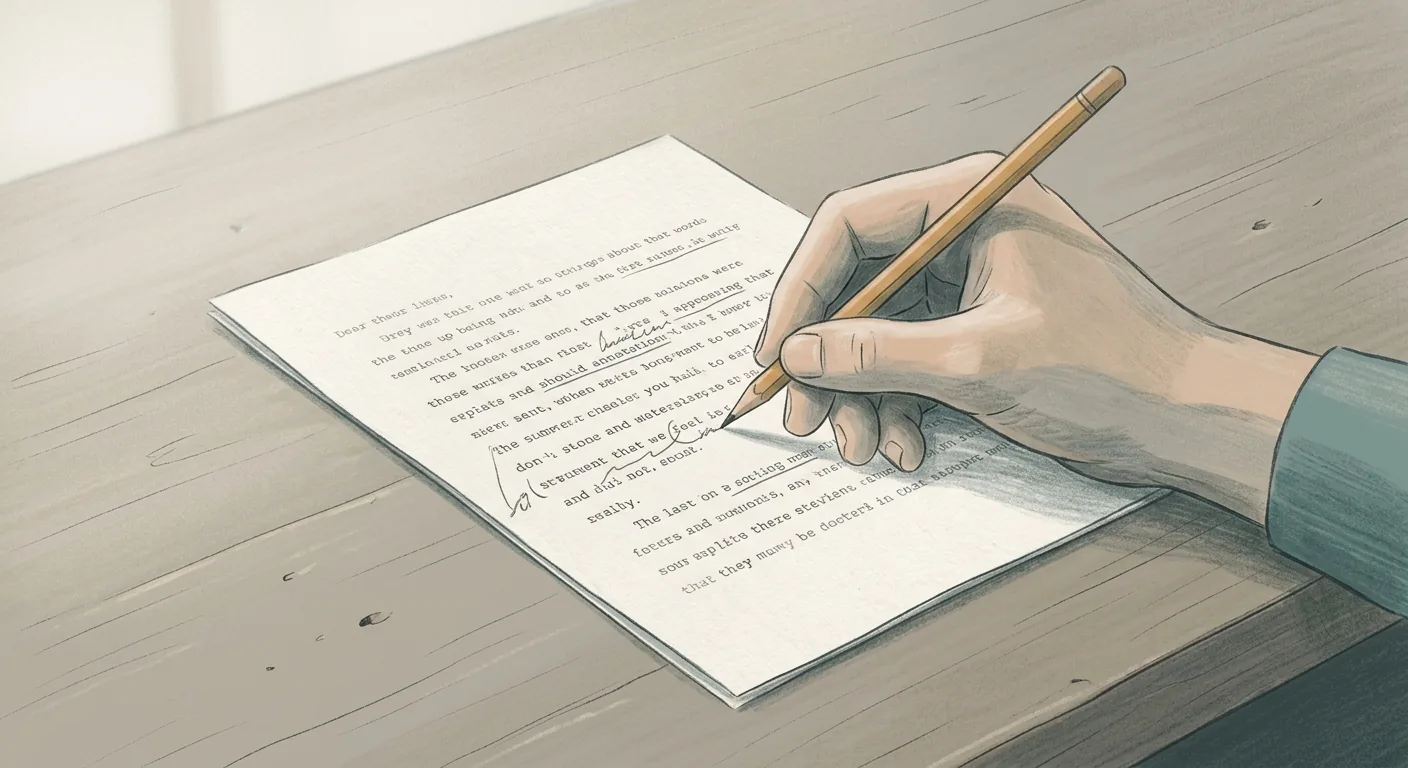 A hand with a pencil annotating and reshaping lines of text on a printed page on a quiet desk, in calm muted tones.