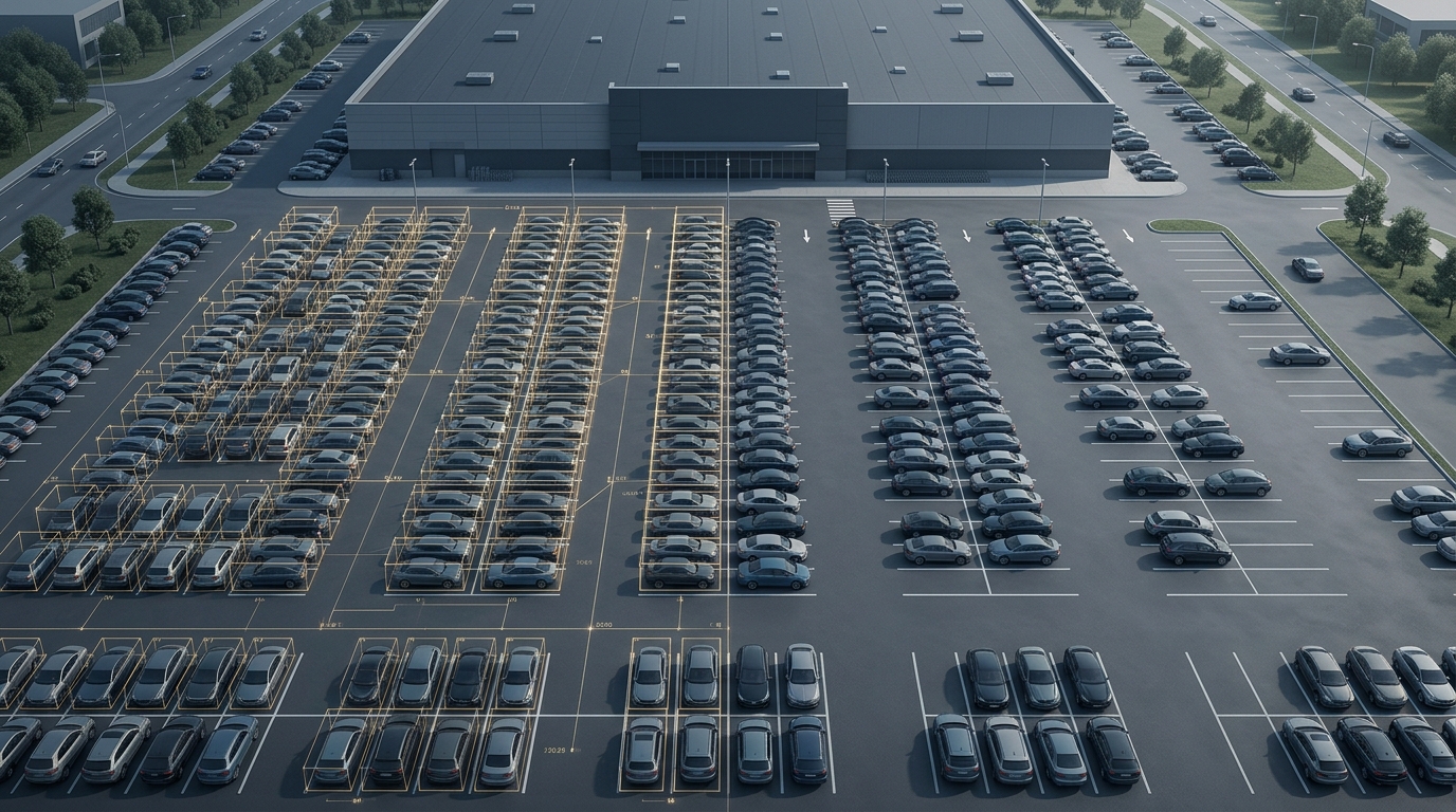 A satellite view of a large retail-store parking lot, one half overlaid with a grid of counting boxes and tracking markers, the other half plain asphalt.