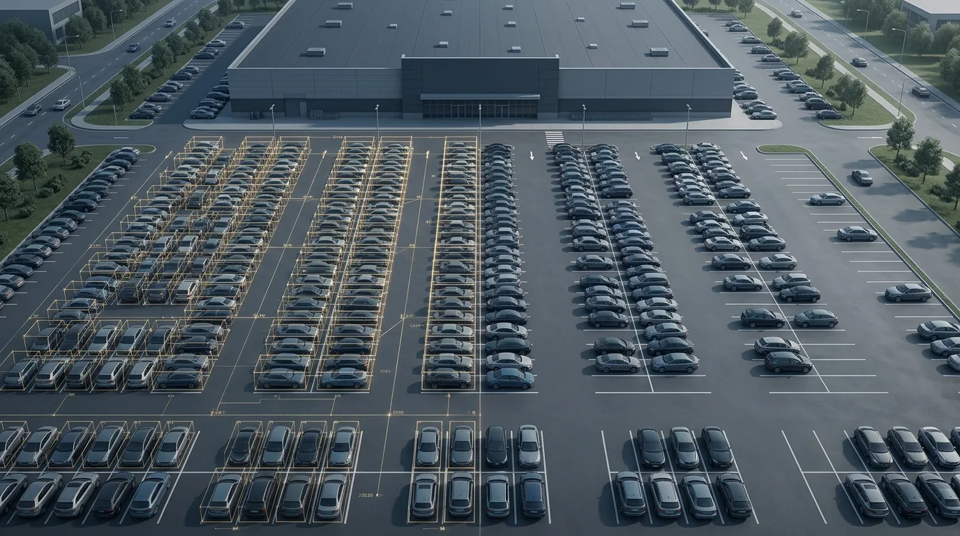 A satellite view of a large retail-store parking lot, one half overlaid with a grid of counting boxes and tracking markers, the other half plain asphalt.