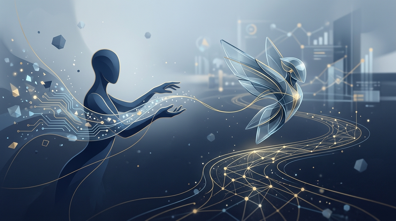 Abstract navy and steel-blue editorial illustration evoking accountability and ownership of autonomous AI agents, with subtle gold accents.