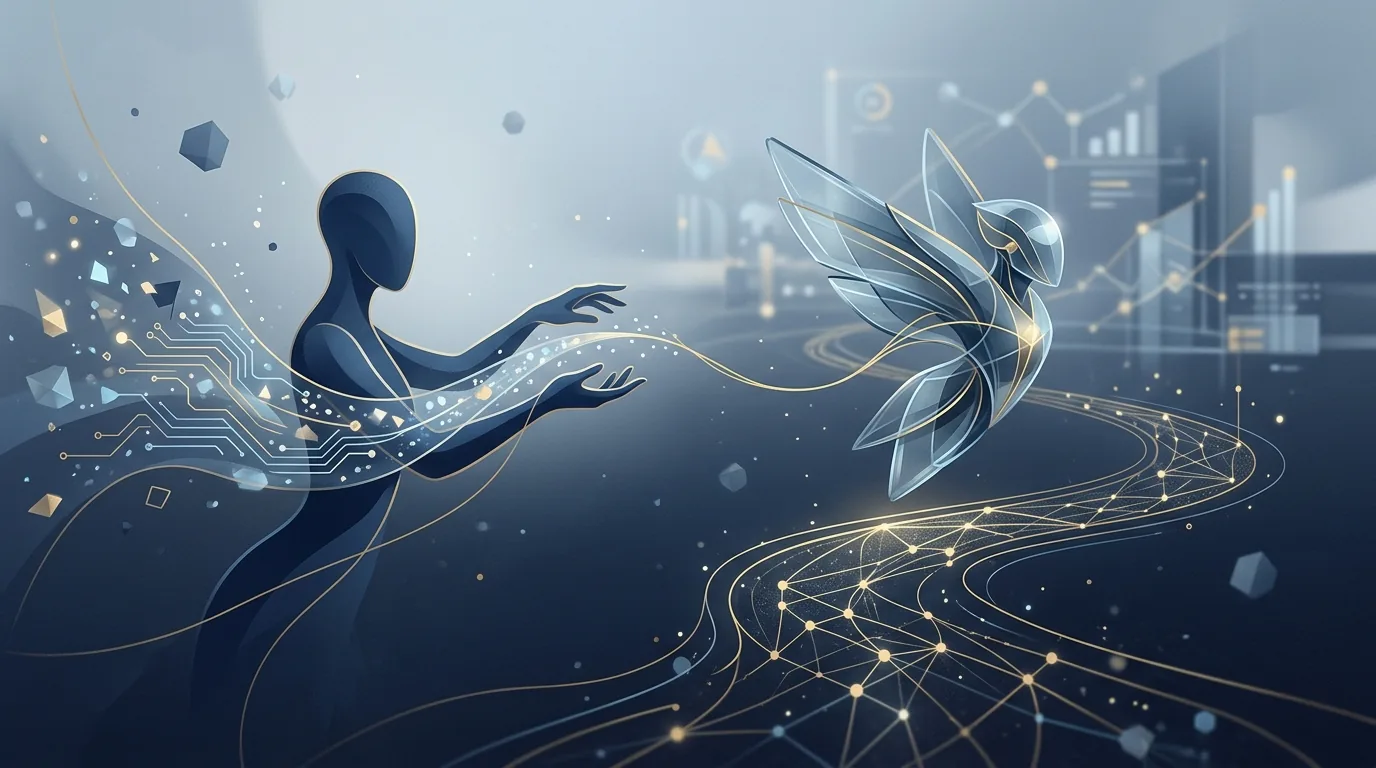 Abstract navy and steel-blue editorial illustration evoking accountability and ownership of autonomous AI agents, with subtle gold accents.