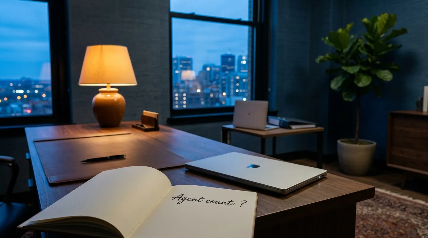 Quiet office desk with an open notebook and a laptop showing a long, growing list of named agent entries scrolling off the page, suggesting more autonomous workflows in production than the executive expected.