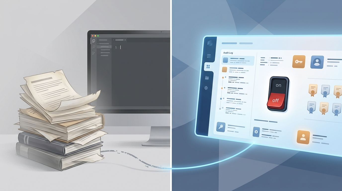 A diptych conceptual illustration with a developer onboarding deck on the left side fading to grey and an enterprise control-plane dashboard with audit logs and a kill switch on the right side, suggesting a shift from training to operations.